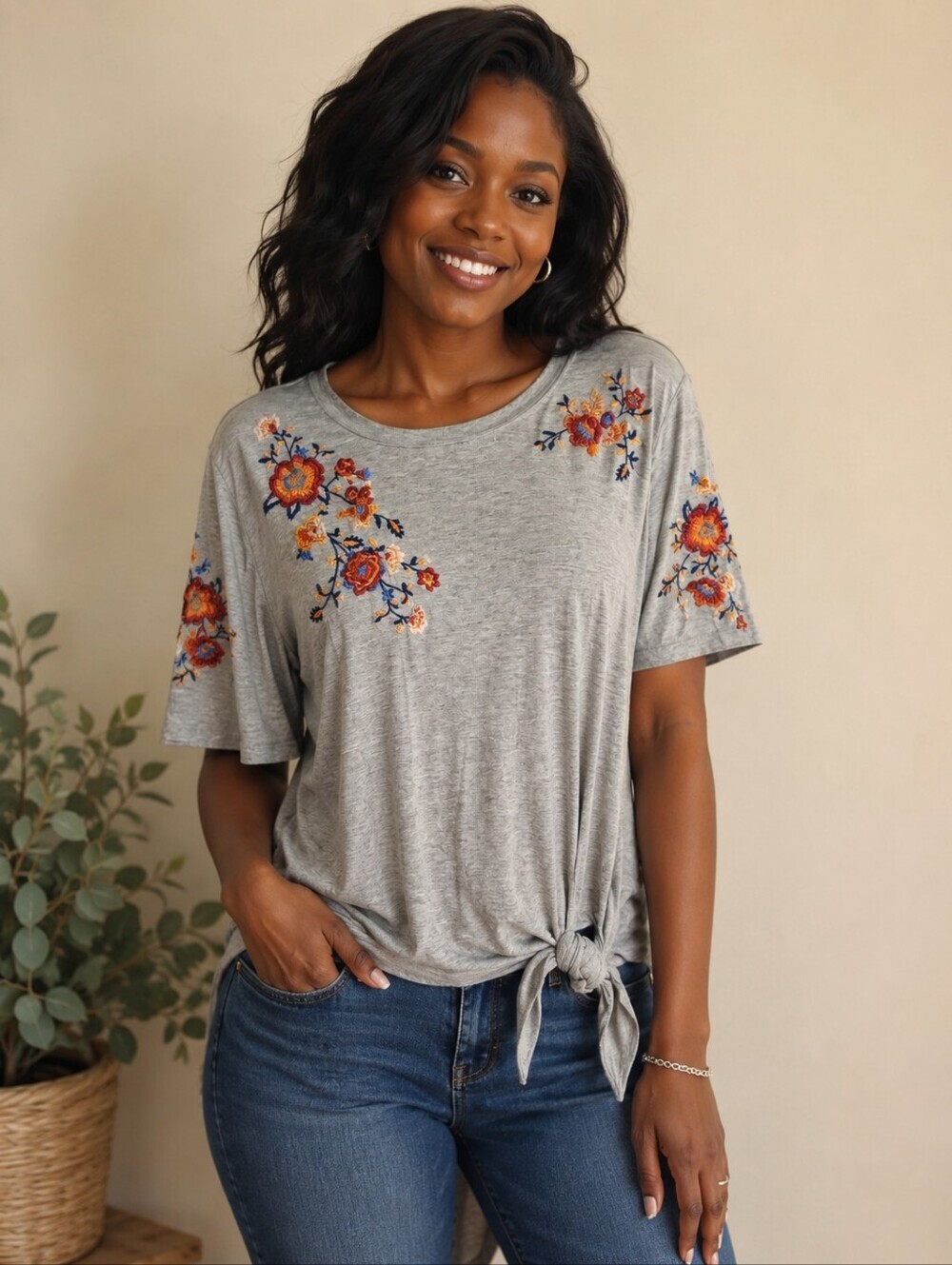 ❤️ DEMOCRACY EMBROIDERED TIE SIDE TEE / TOP, SMALL